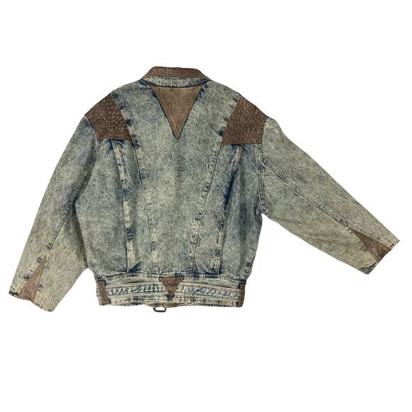 PREZZIA JEANS Jacket Women M Vintage Leather Patch Acid Wash Denim Adjust-Belt - Picture 3 of 16